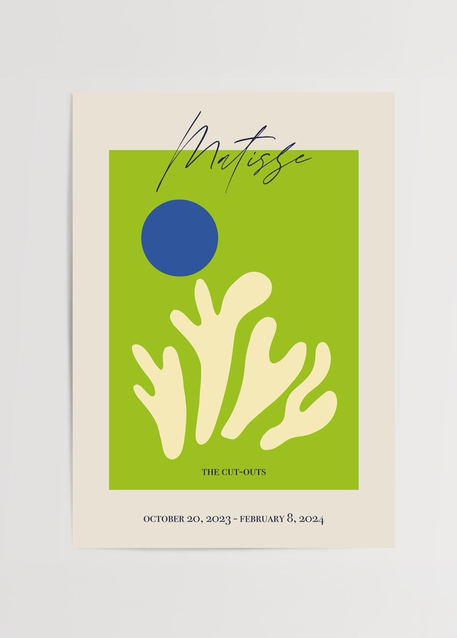 Vibrant poster featuring bold green and blue shapes for modern decor.