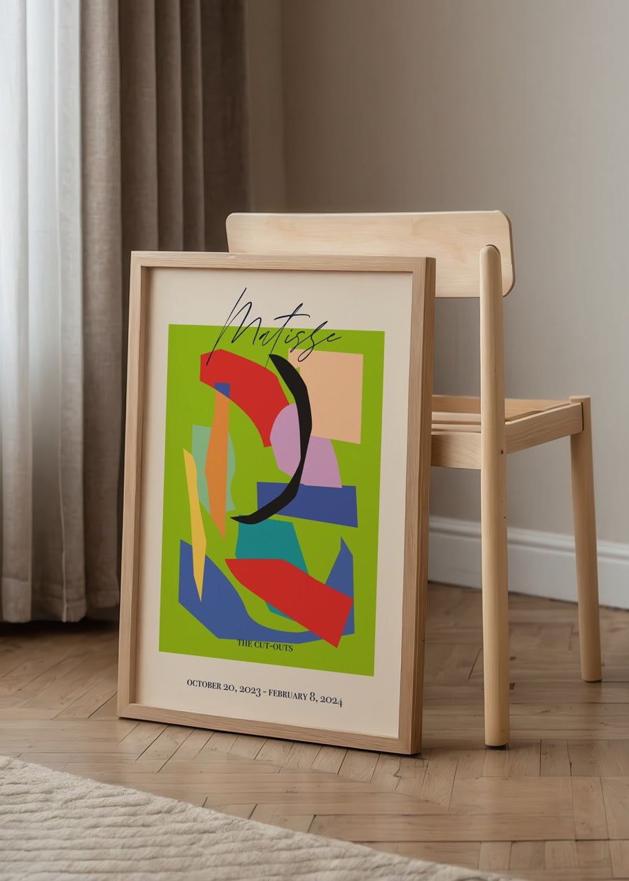 Colorful modern cut-out wall art with bold shapes and vibrant hues.