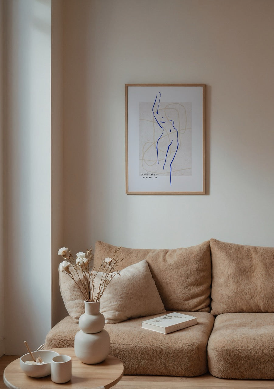 Elegant blue line figurative art print on beige background.