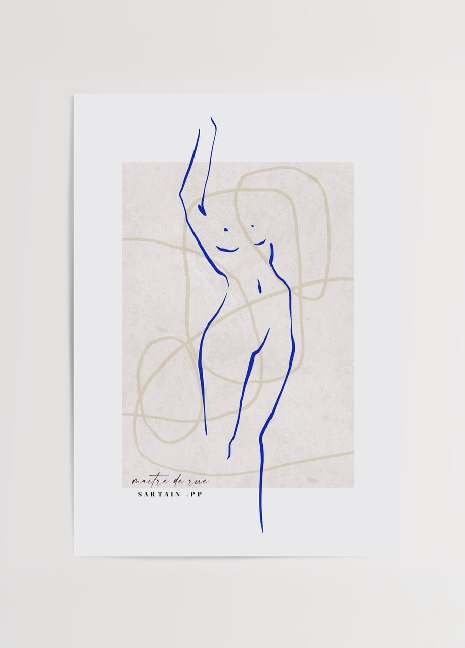 Elegant blue line figurative art print on beige background.