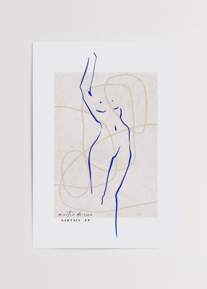 Elegant blue line figurative art print on beige background.