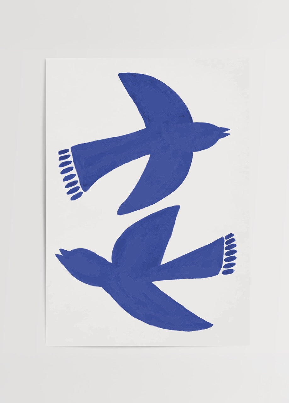 Minimalist poster featuring two blue bird silhouettes.