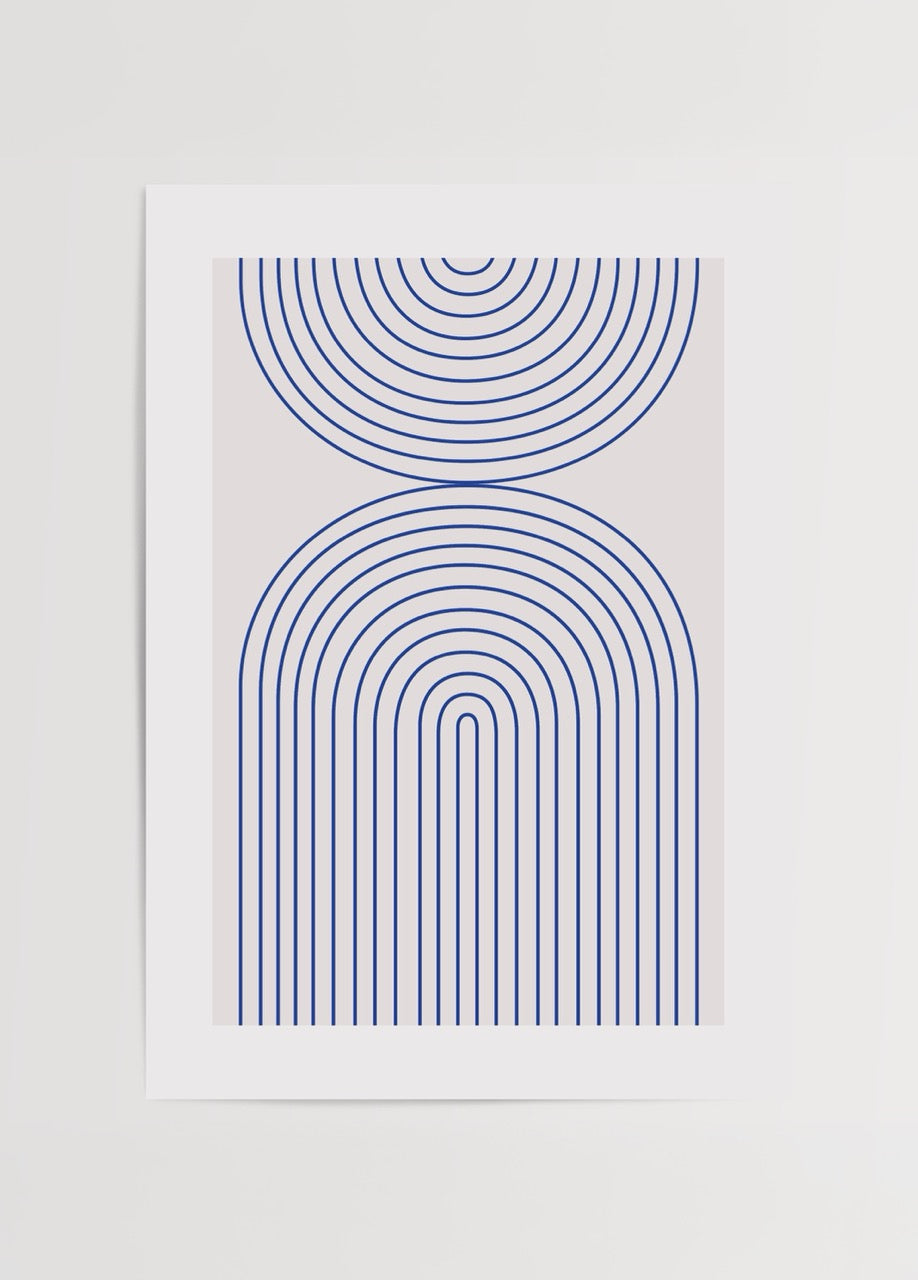 Abstract art print featuring curved blue lines on a light background.
