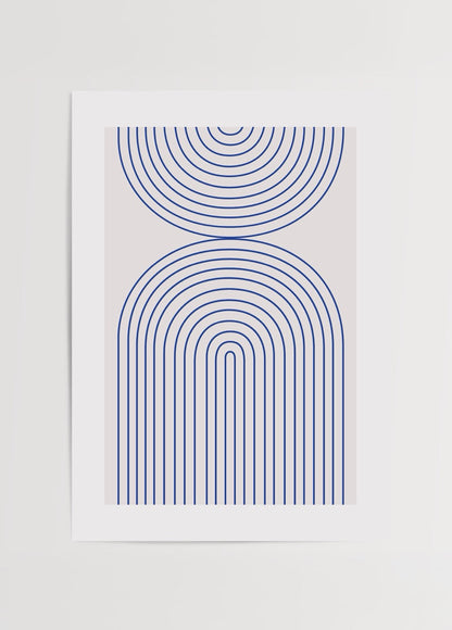 Abstract art print featuring curved blue lines on a light background.