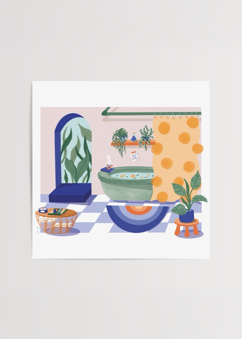 Illustrative artwork of a serene bathroom setting with vibrant plants and a relaxing atmosphere.