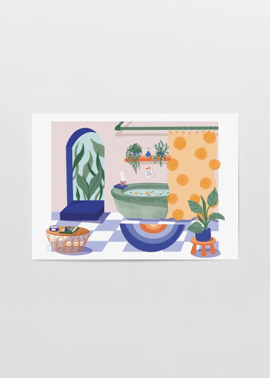 Illustrative artwork of a serene bathroom setting with vibrant plants and a relaxing atmosphere.