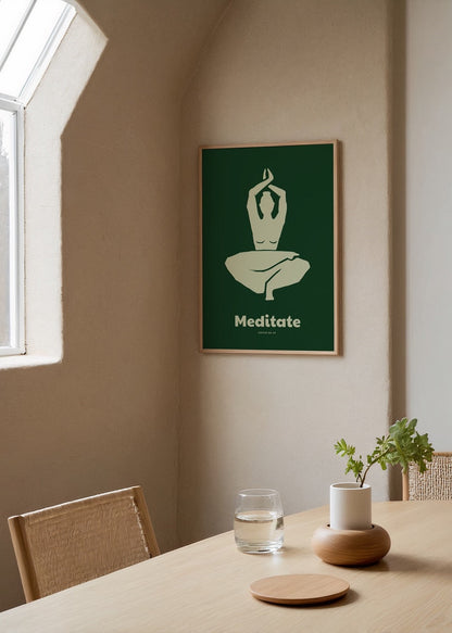 Meditate – Poster No. 24 featuring a minimalist design of a meditative pose on a green background.