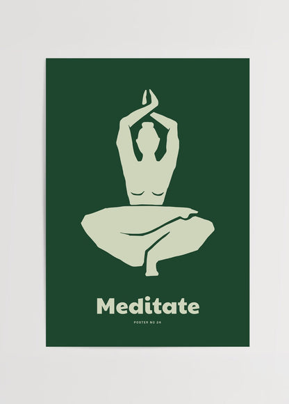 Meditate – Poster No. 24 featuring a minimalist design of a meditative pose on a green background.