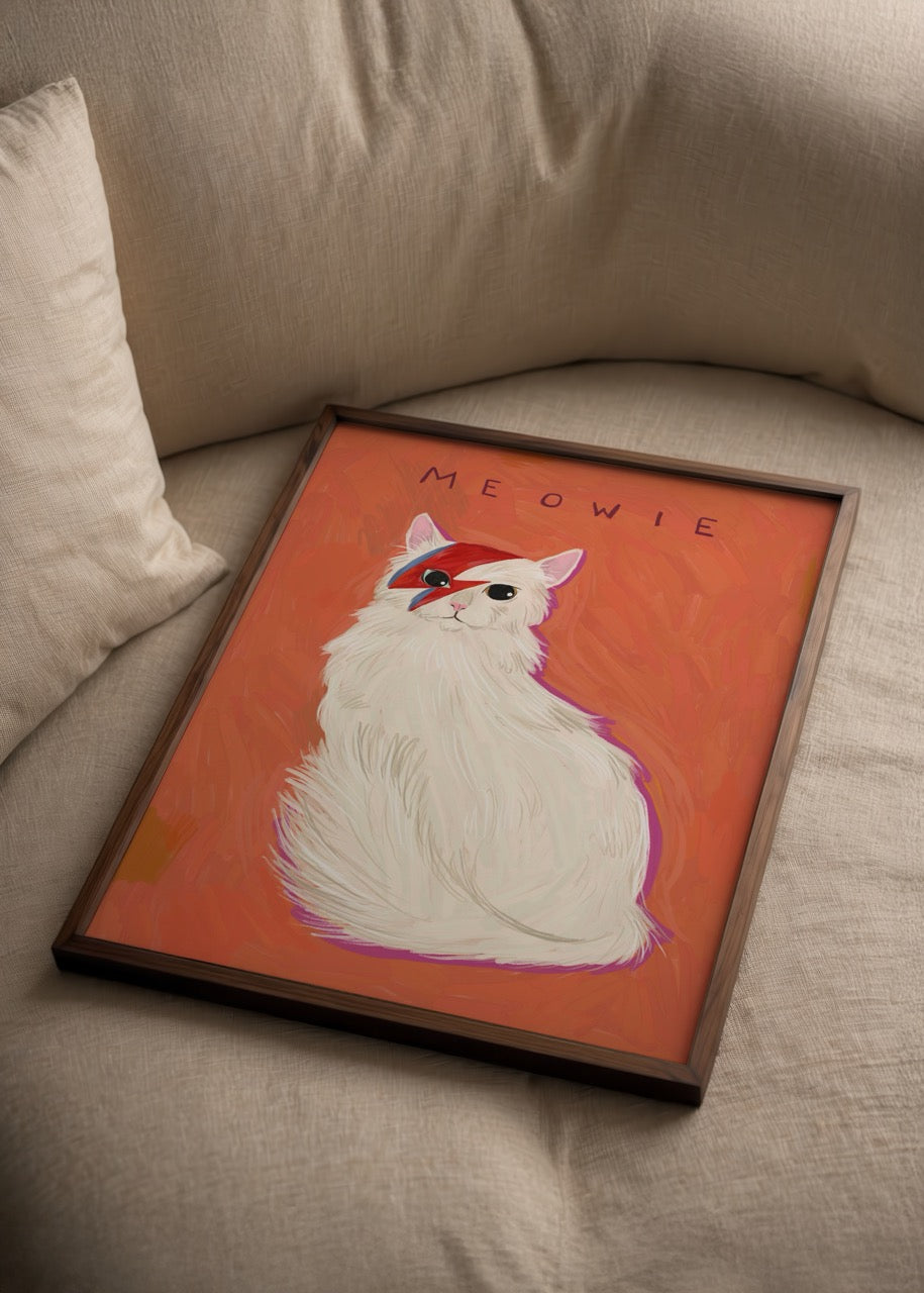 Whimsical cat illustration with vibrant colours on a bold background.