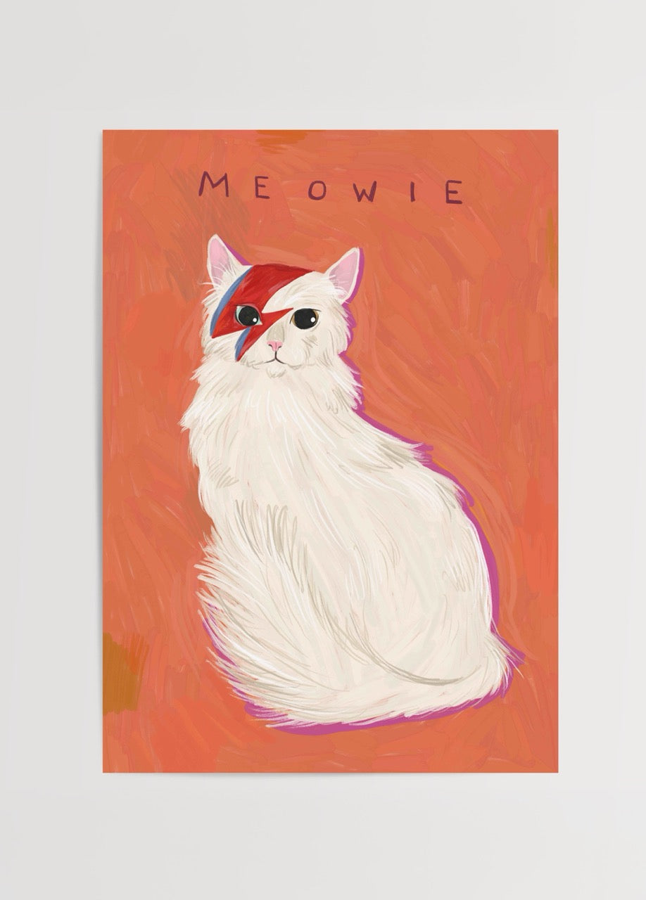 Whimsical cat illustration with vibrant colours on a bold background.