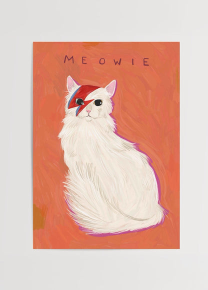 Whimsical cat illustration with vibrant colours on a bold background.
