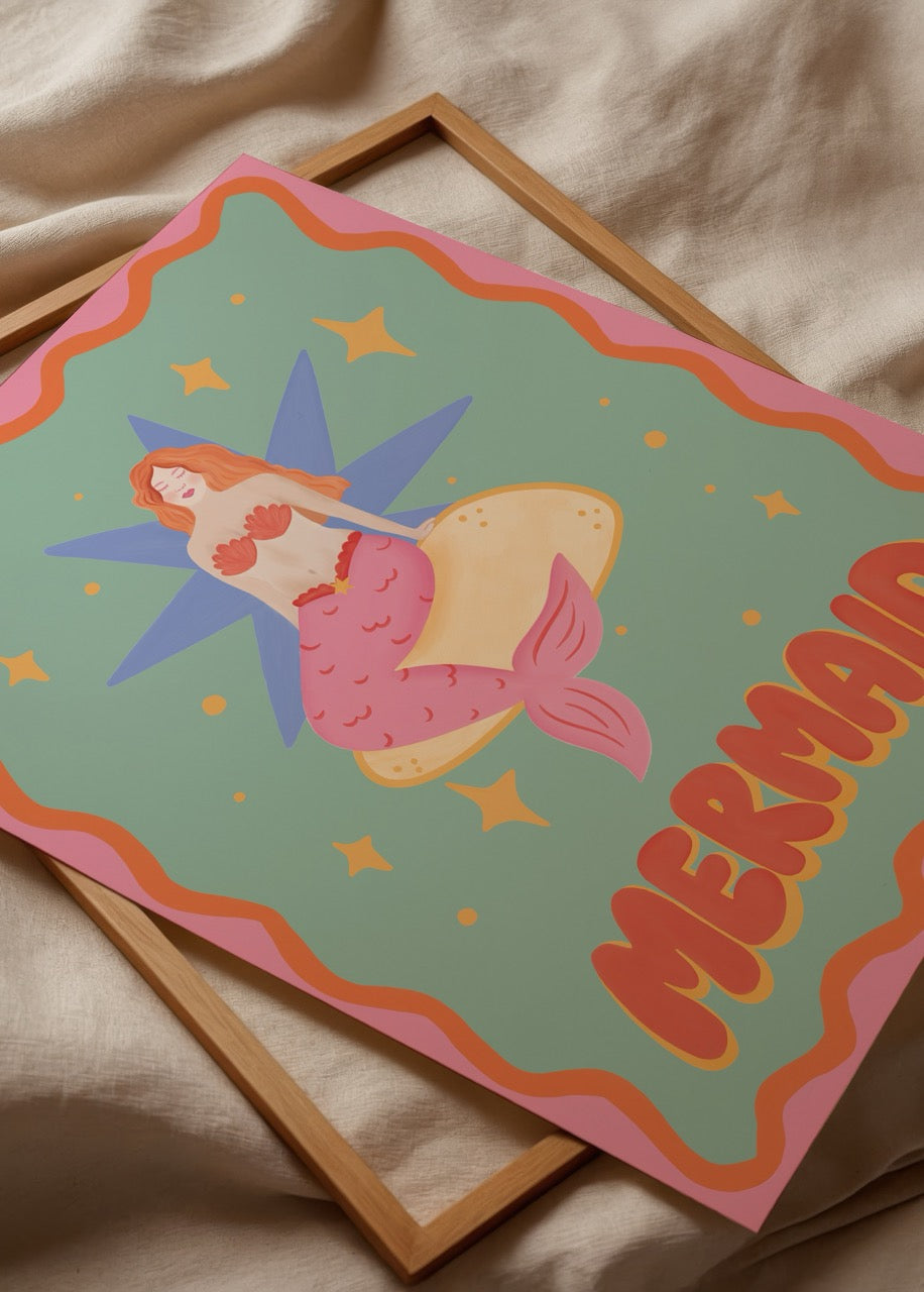 A vibrant mermaid-themed poster print featuring a whimsical mermaid design.