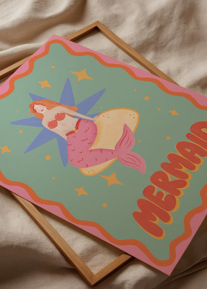A vibrant mermaid-themed poster print featuring a whimsical mermaid design.