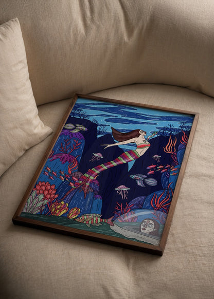 Vibrant mermaid illustration poster showcasing underwater beauty and marine life.