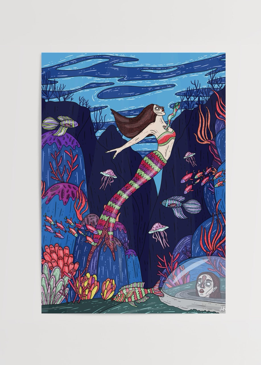 Vibrant mermaid illustration poster showcasing underwater beauty and marine life.