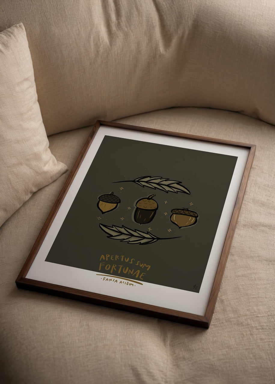 Illustrated poster print featuring acorns and leaves symbolising luck.