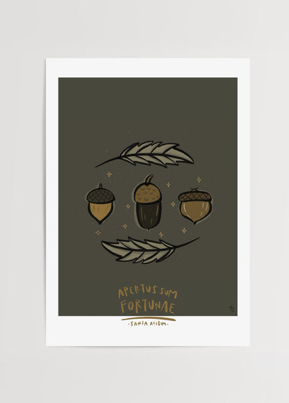 Illustrated poster print featuring acorns and leaves symbolising luck.