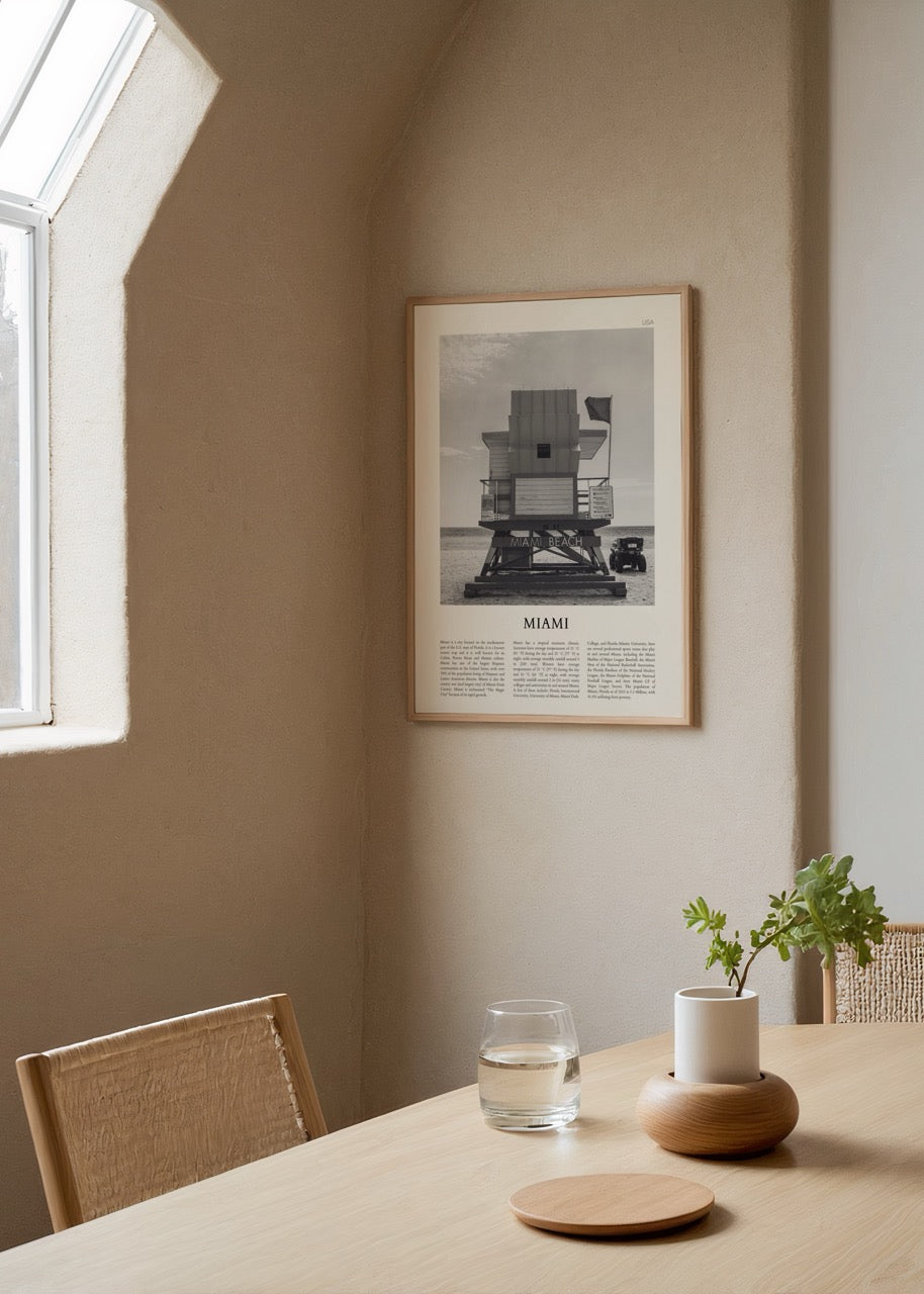 Monochrome artwork of a lifeguard tower at Miami Beach, blending vintage aesthetics with modern simplicity.