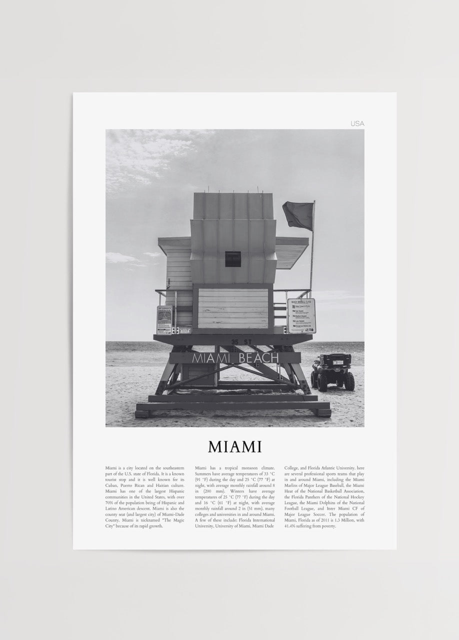 Monochrome artwork of a lifeguard tower at Miami Beach, blending vintage aesthetics with modern simplicity.