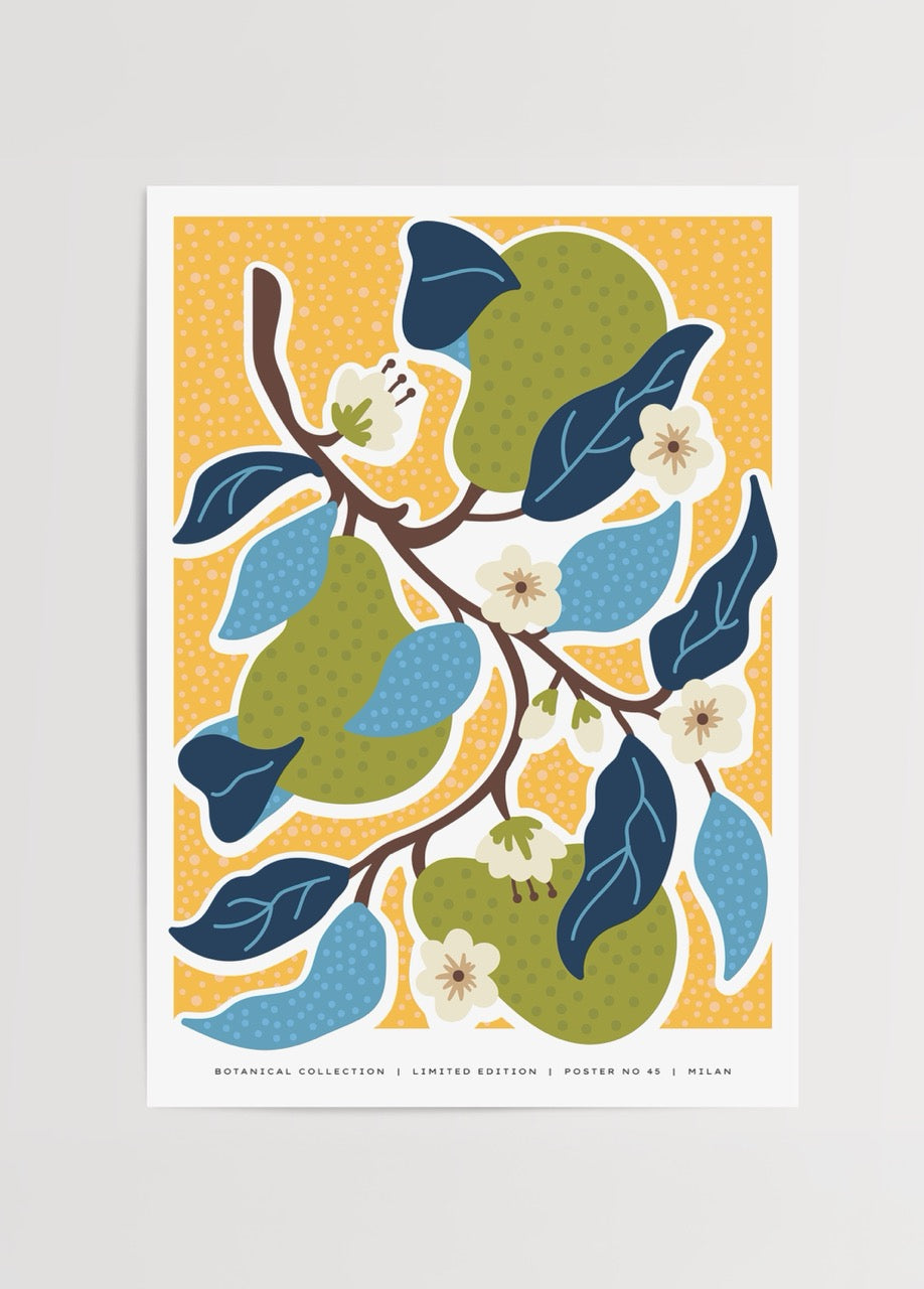 Illustration of pear and blossoms on a vibrant background.