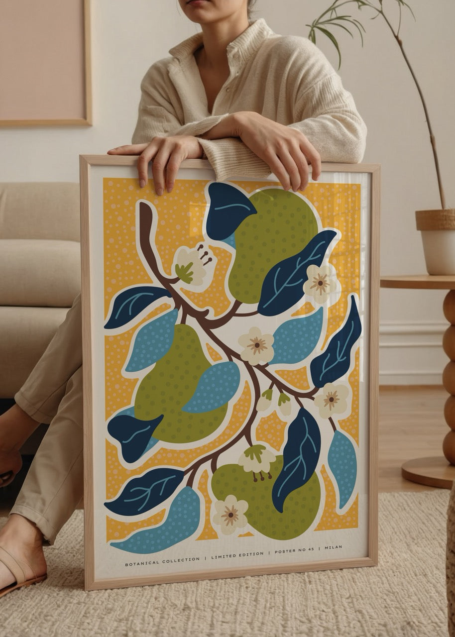 Illustration of pear and blossoms on a vibrant background.
