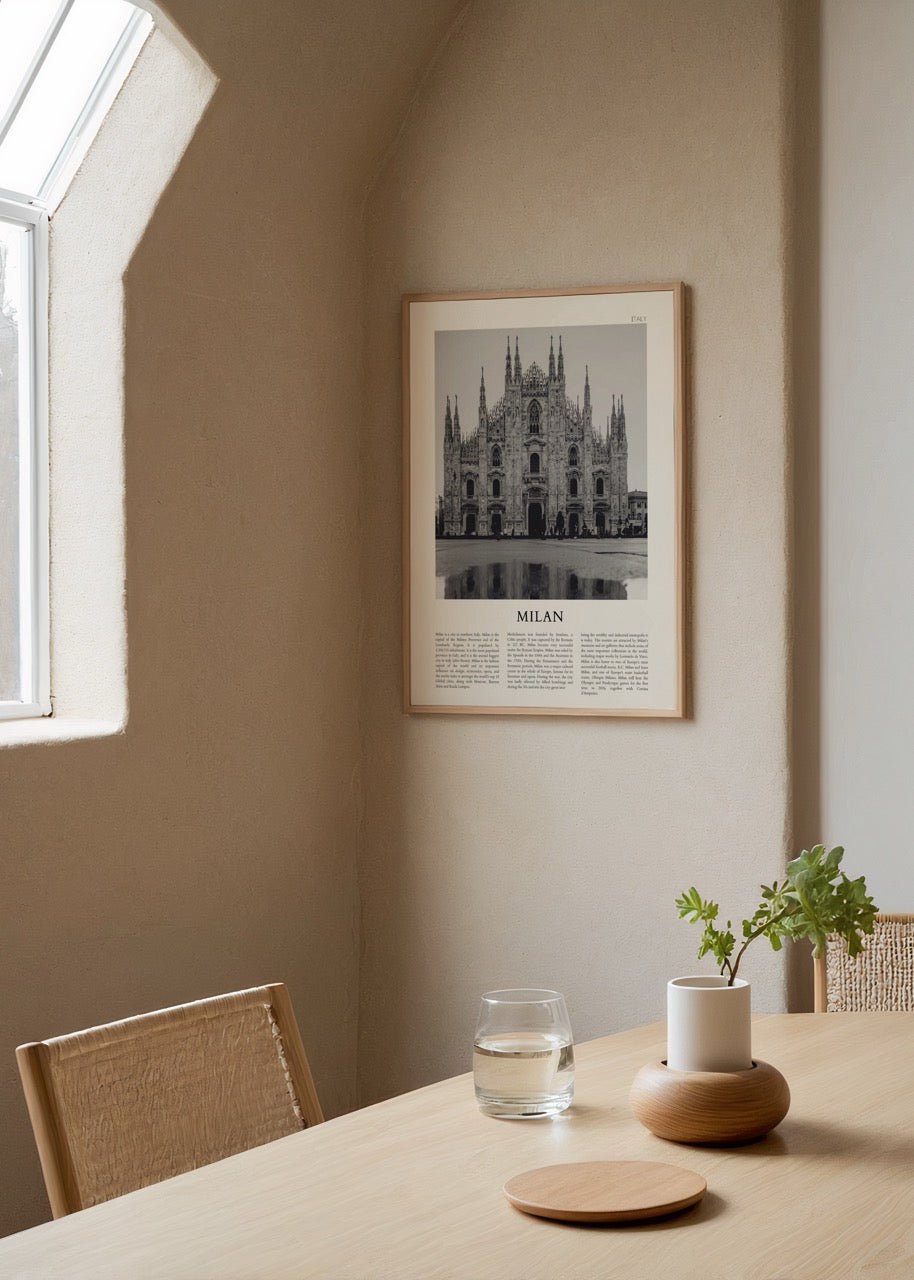 Black and white artwork of Milan Cathedral showcasing gothic architecture.