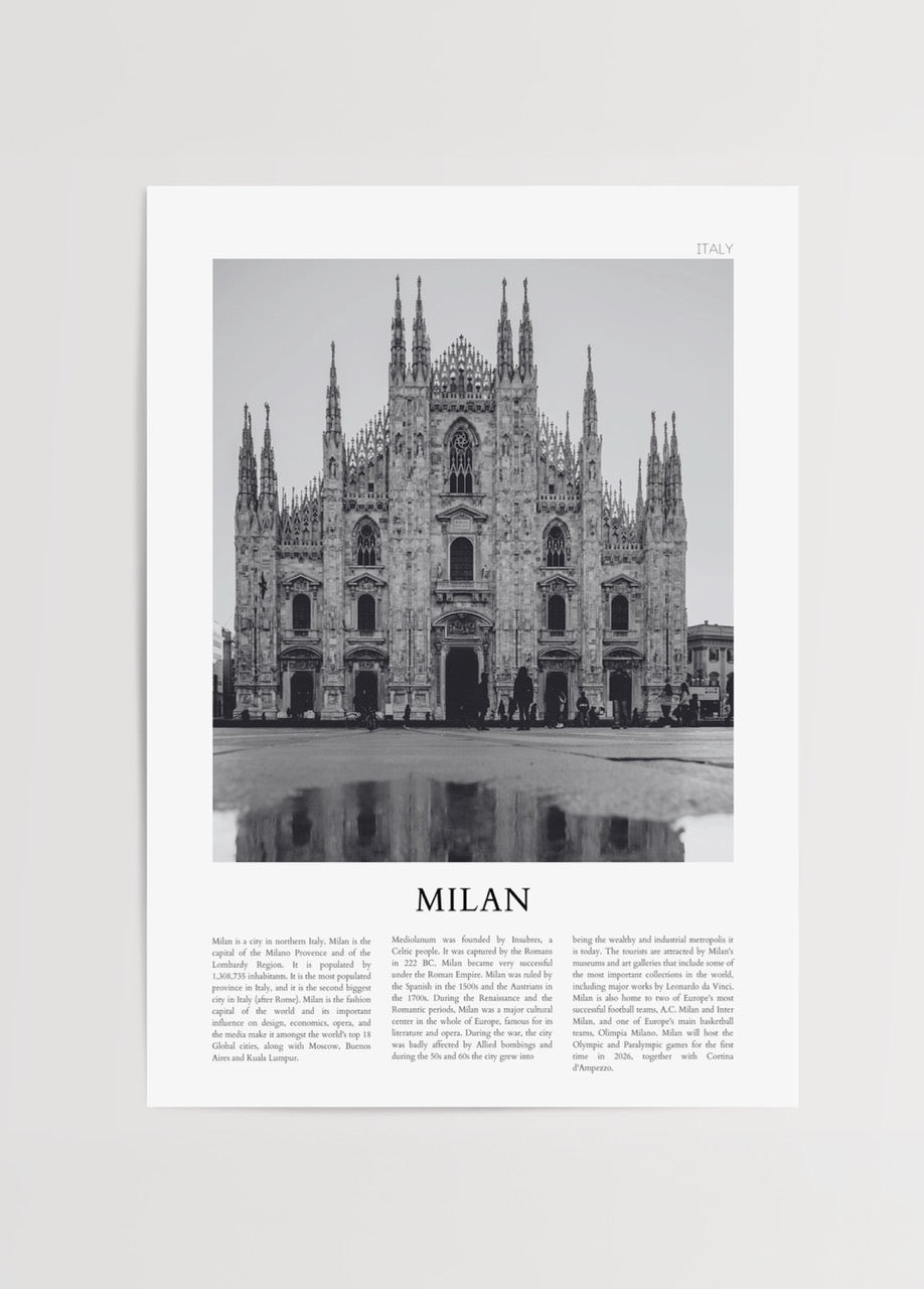 Black and white artwork of Milan Cathedral showcasing gothic architecture.