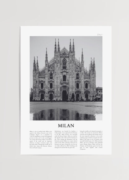 Black and white artwork of Milan Cathedral showcasing gothic architecture.
