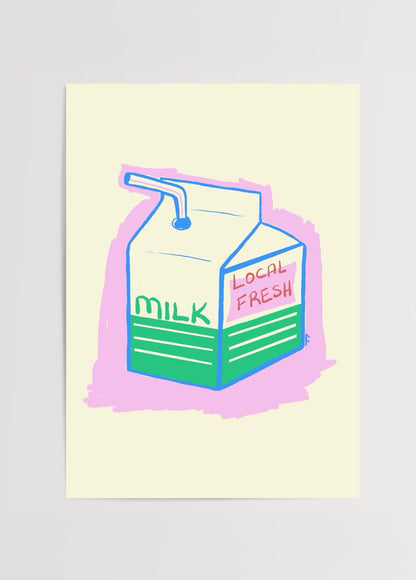 Playful illustration of a milk carton on a pastel background.