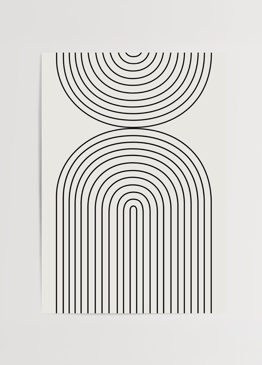 Minimalist line art print featuring curved arches and circles.