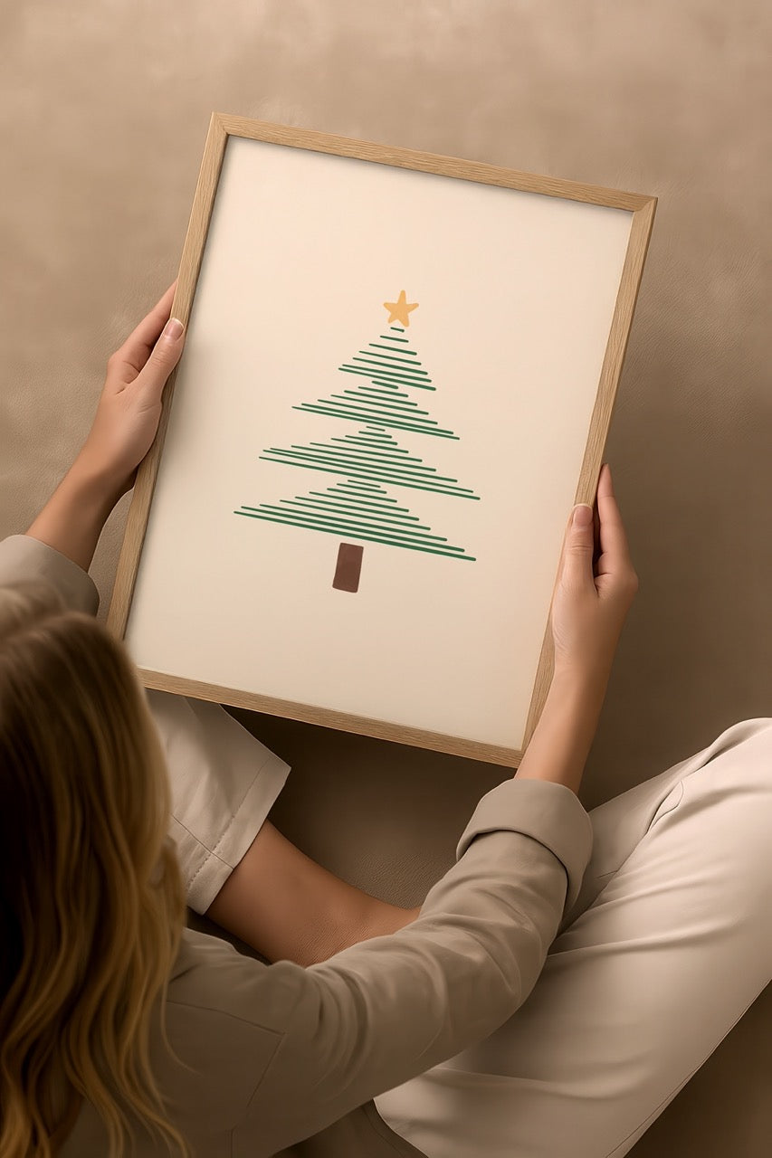 Minimalist Christmas tree poster print featuring green lines and a gold star against a beige background.