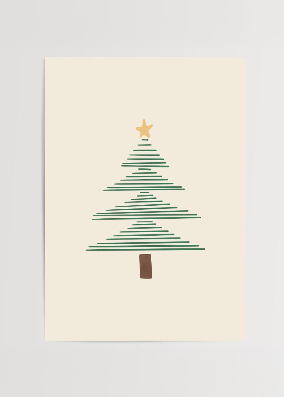 Minimalist Christmas tree poster print featuring green lines and a gold star against a beige background.