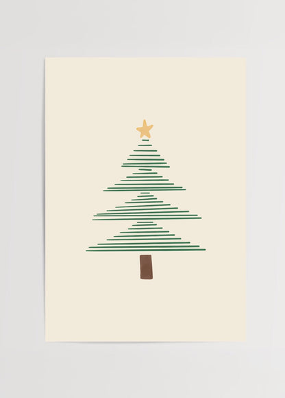 Minimalist Christmas tree poster print featuring green lines and a gold star against a beige background.