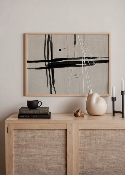 Elegant abstract layers print in black and beige tones for modern decor.
