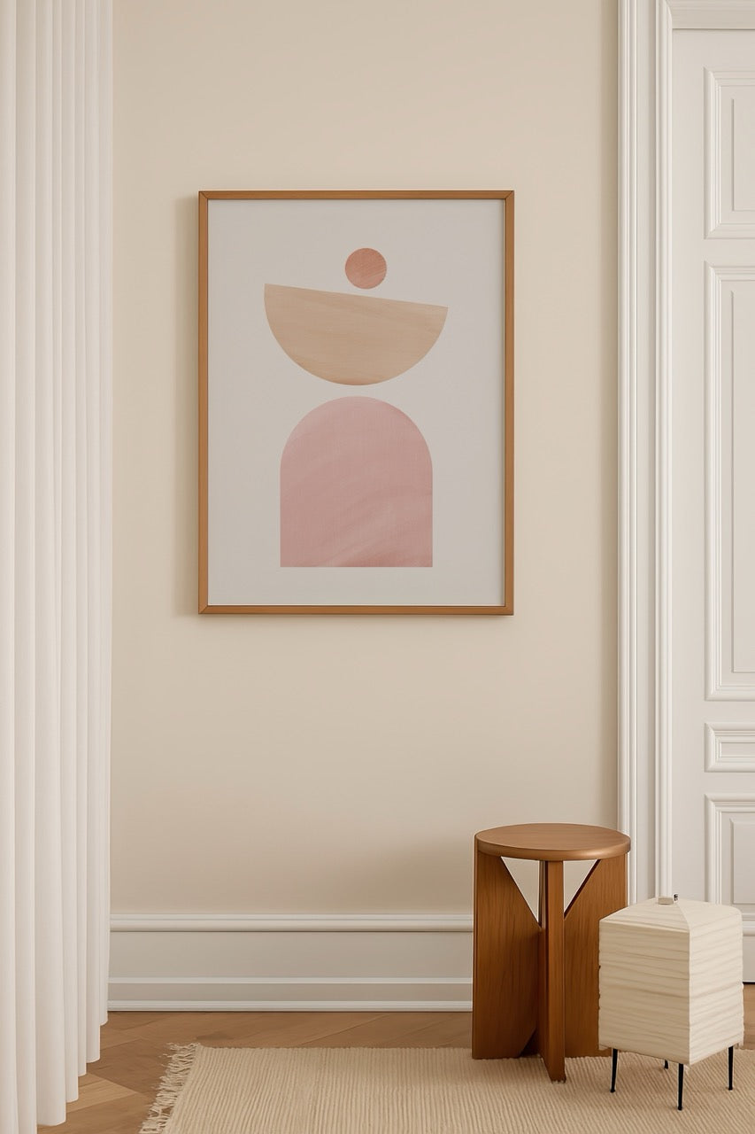 Serene Minimalist Shapes Art Print with soft pink and beige forms against a white background.