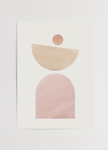 Serene Minimalist Shapes Art Print with soft pink and beige forms against a white background.