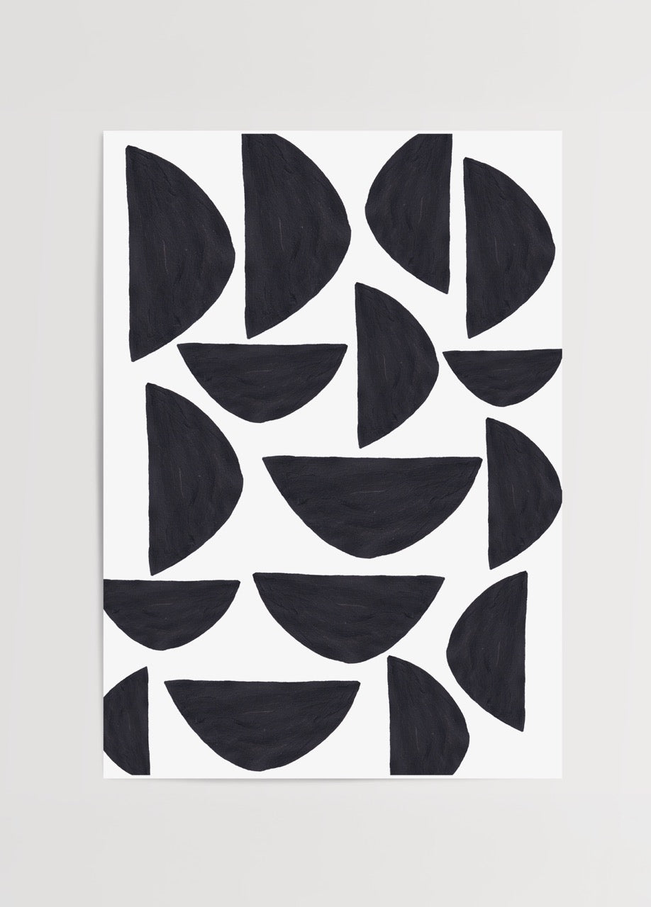 Monochrome geometric poster featuring black shapes on white background.