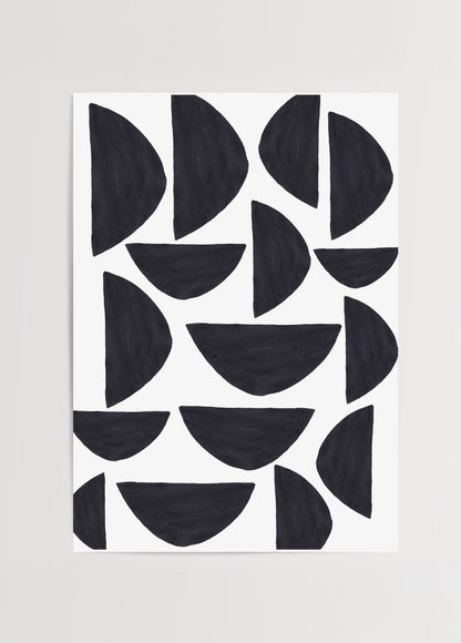 Monochrome geometric poster featuring black shapes on white background.