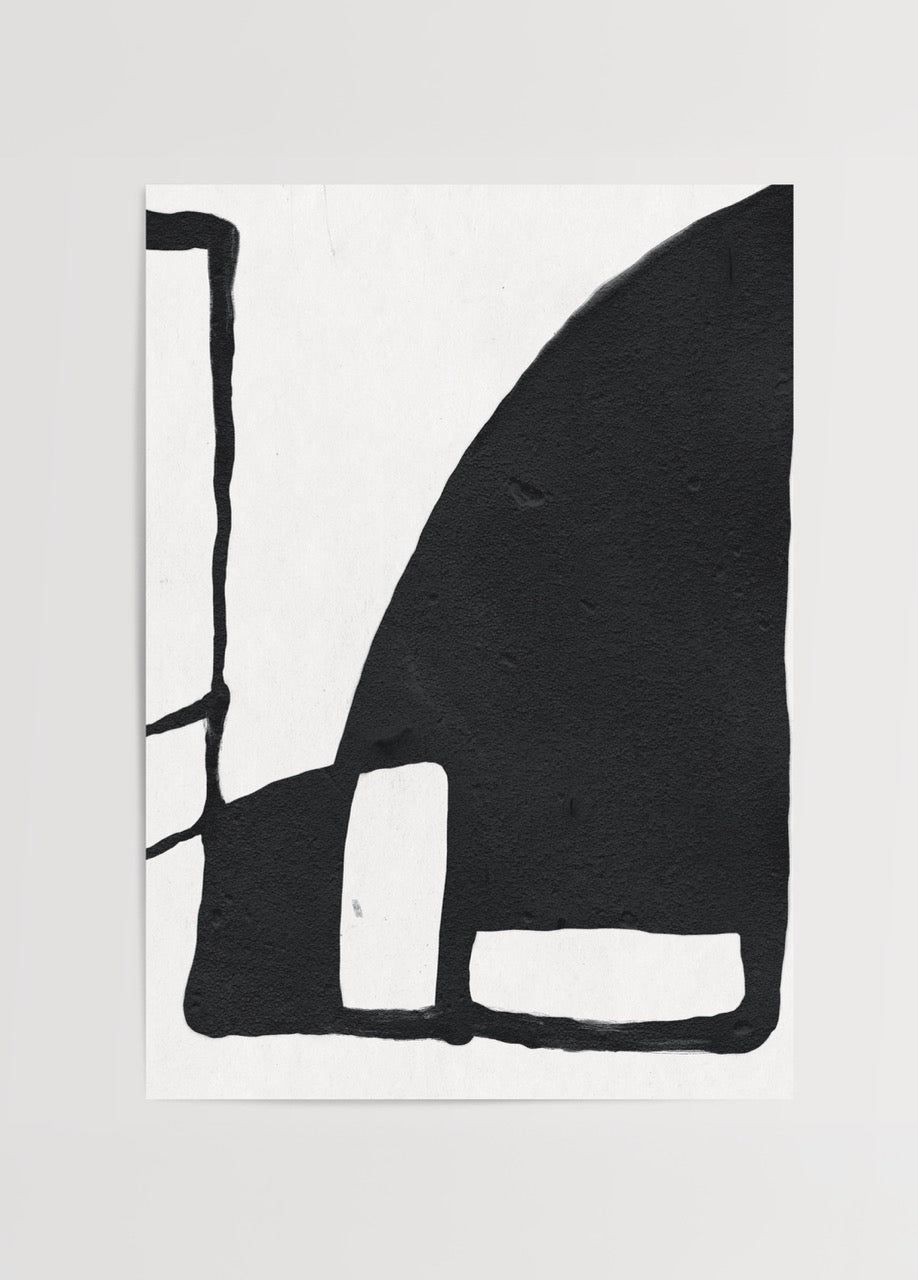 Monochrome geometric print featuring bold black shapes on white background.
