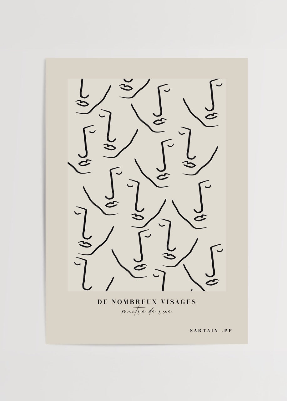 Whimsical faces line art poster featuring minimalist black outlines on a beige background.