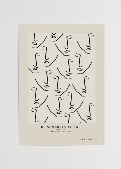 Whimsical faces line art poster featuring minimalist black outlines on a beige background.
