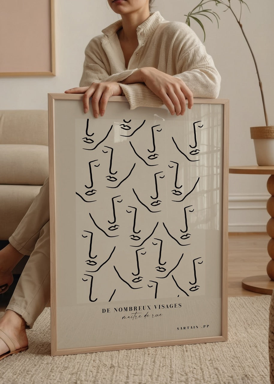 Whimsical faces line art poster featuring minimalist black outlines on a beige background.