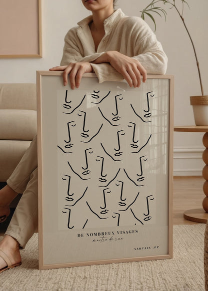 Whimsical faces line art poster featuring minimalist black outlines on a beige background.
