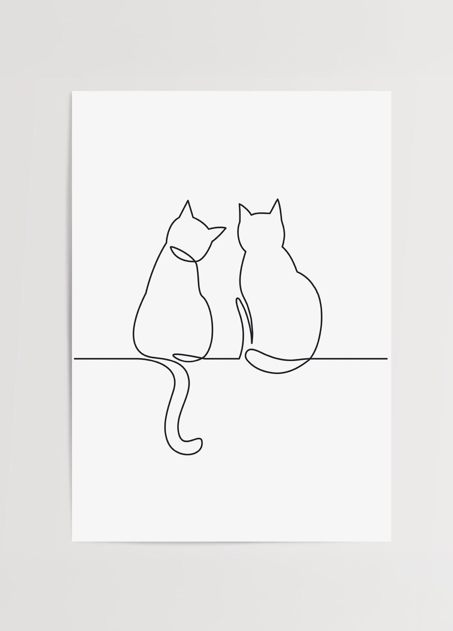 Minimalist line drawing of two cats sitting together, perfect for home decor.
