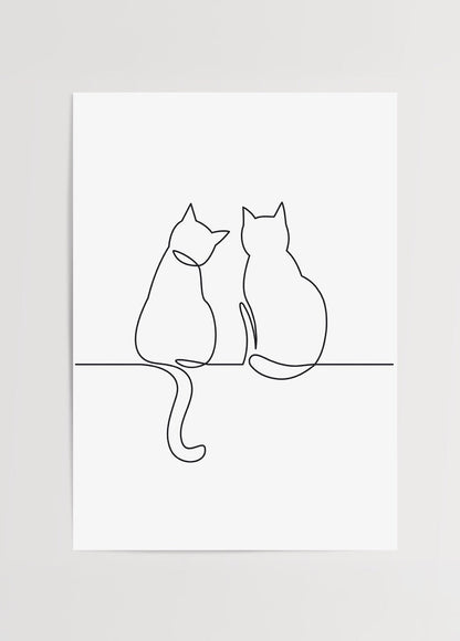 Minimalist line drawing of two cats sitting together, perfect for home decor.