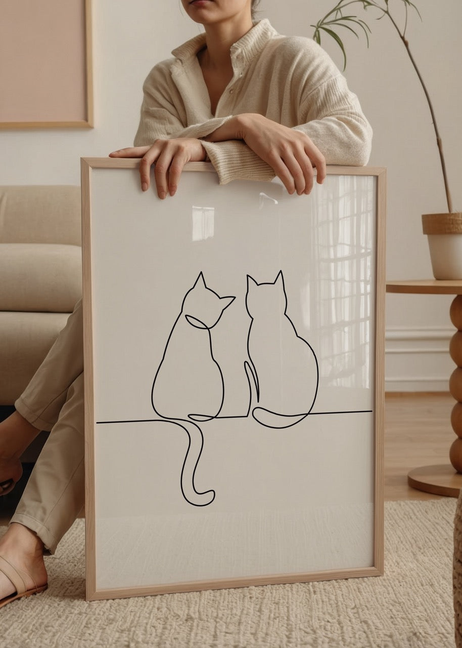 Minimalist line drawing of two cats sitting together, perfect for home decor.