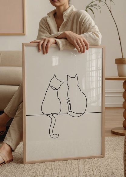 Minimalist line drawing of two cats sitting together, perfect for home decor.