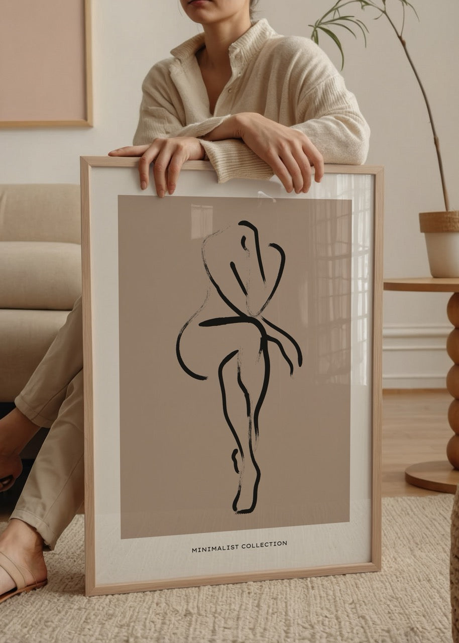 Elegant minimalist artwork of a female figure in neutral tones.