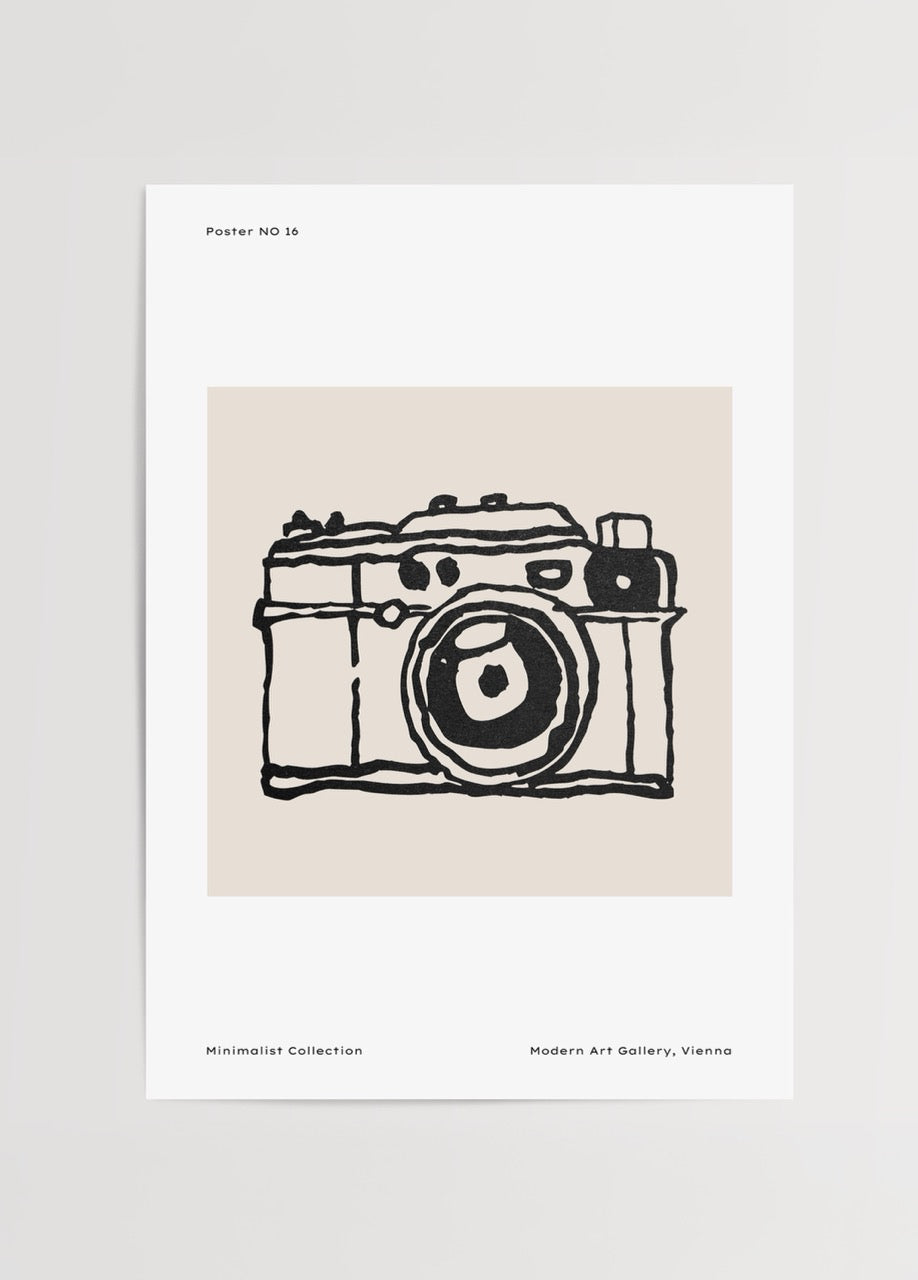 Artistic line drawing of a camera on a beige background.