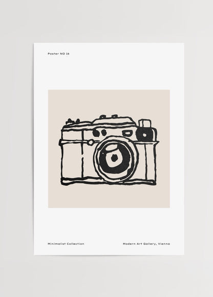 Artistic line drawing of a camera on a beige background.